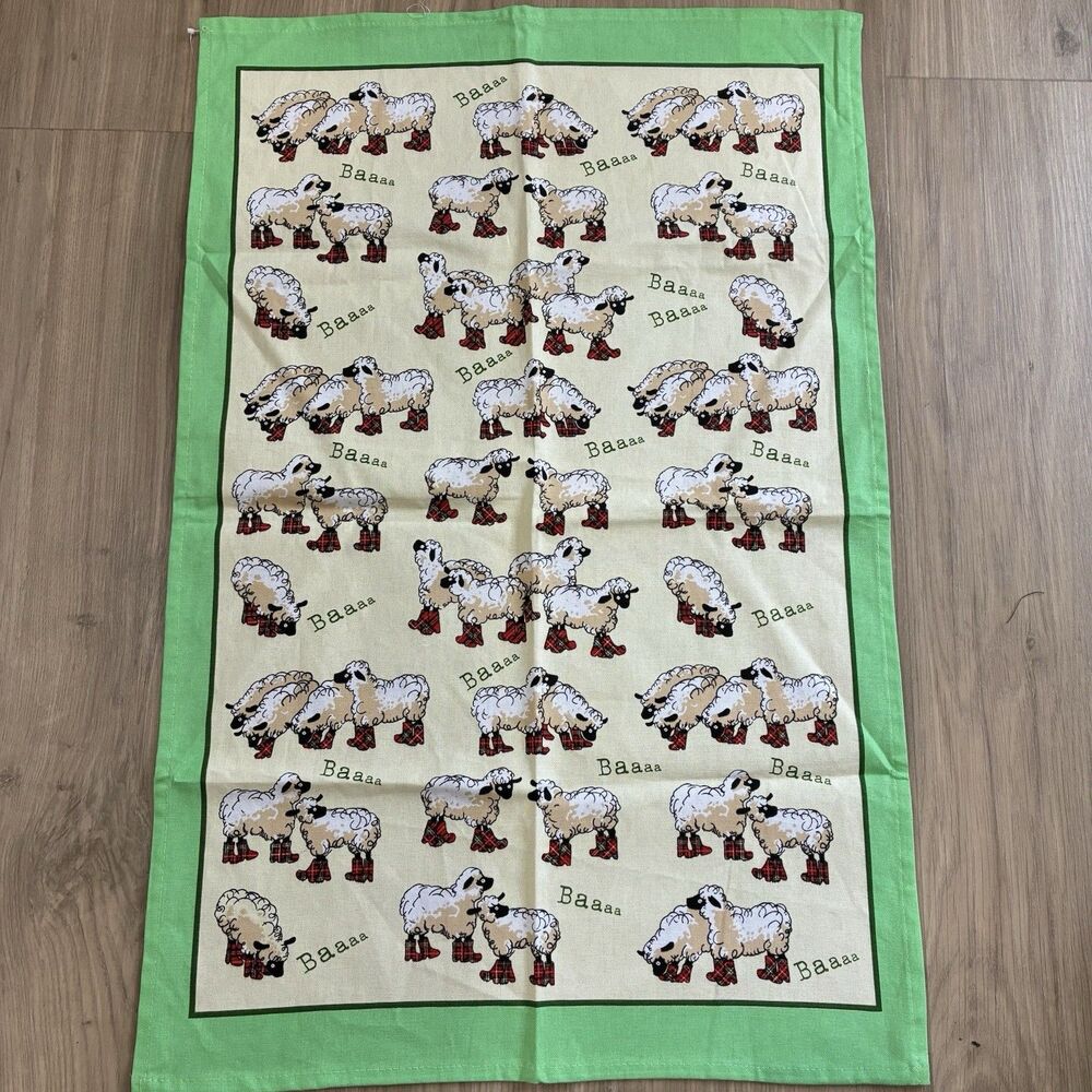 Sheep in Boots Cotton Tea Towel Scotland Souvenir By D&C NWOT Cottagecore 19x29